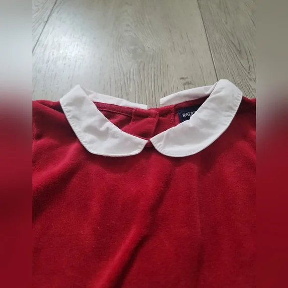 Ralph Lauren Girls' Red Velour Peter Pan Collar Button Back Dress 6Y